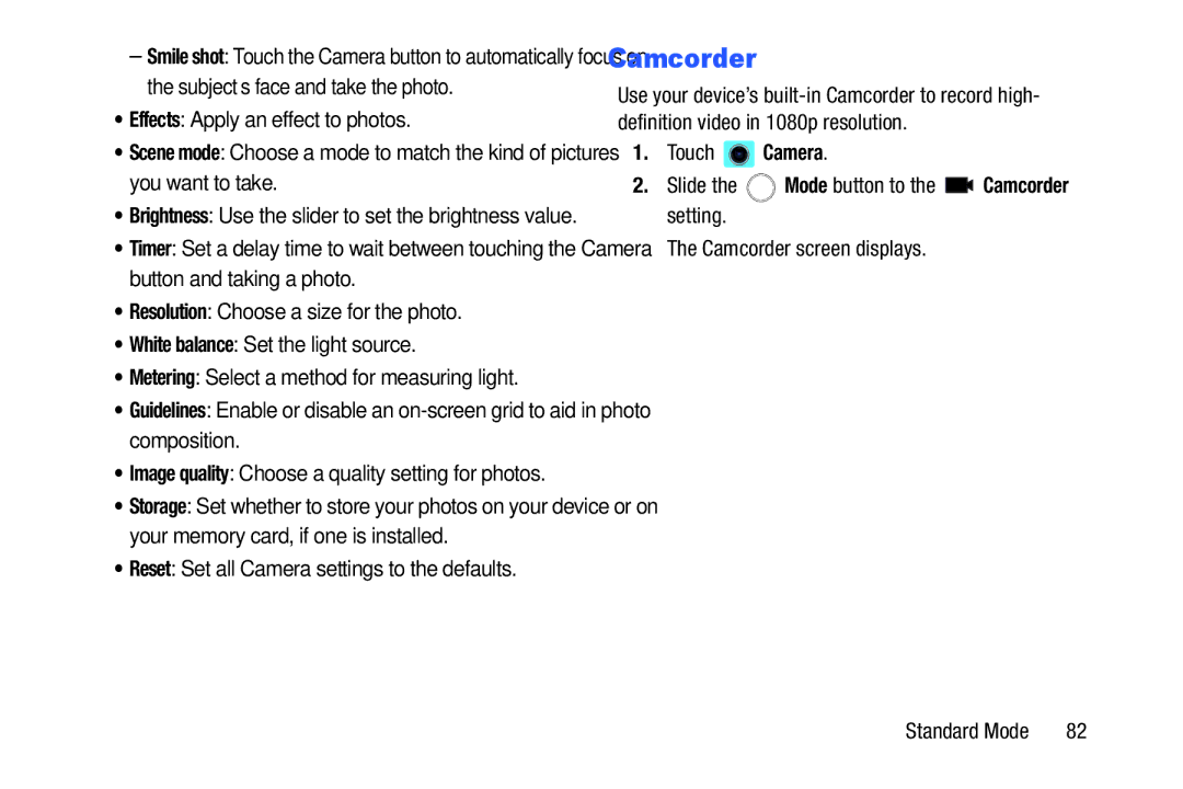 Samsung SM-T2105GYYXAR user manual Camcorder, Reset Set all Camera settings to the defaults 