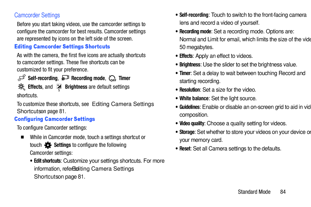 Samsung SM-T2105GYYXAR user manual Editing Camcorder Settings Shortcuts, Self-recording, Recording mode, Timer 