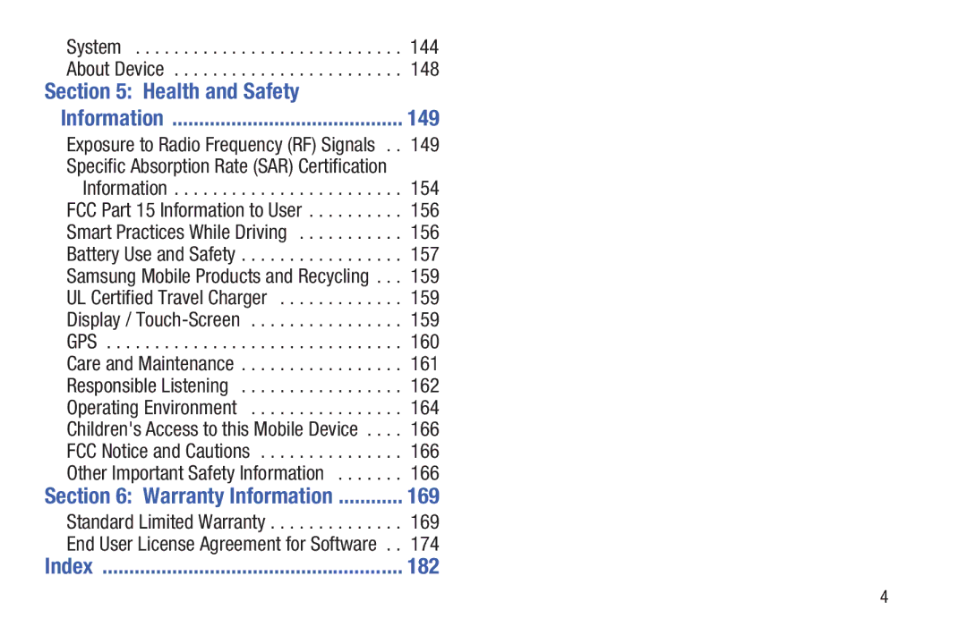 Samsung SM-T2105GYYXAR user manual Health and Safety, 149, 169, 182, Warranty Information 