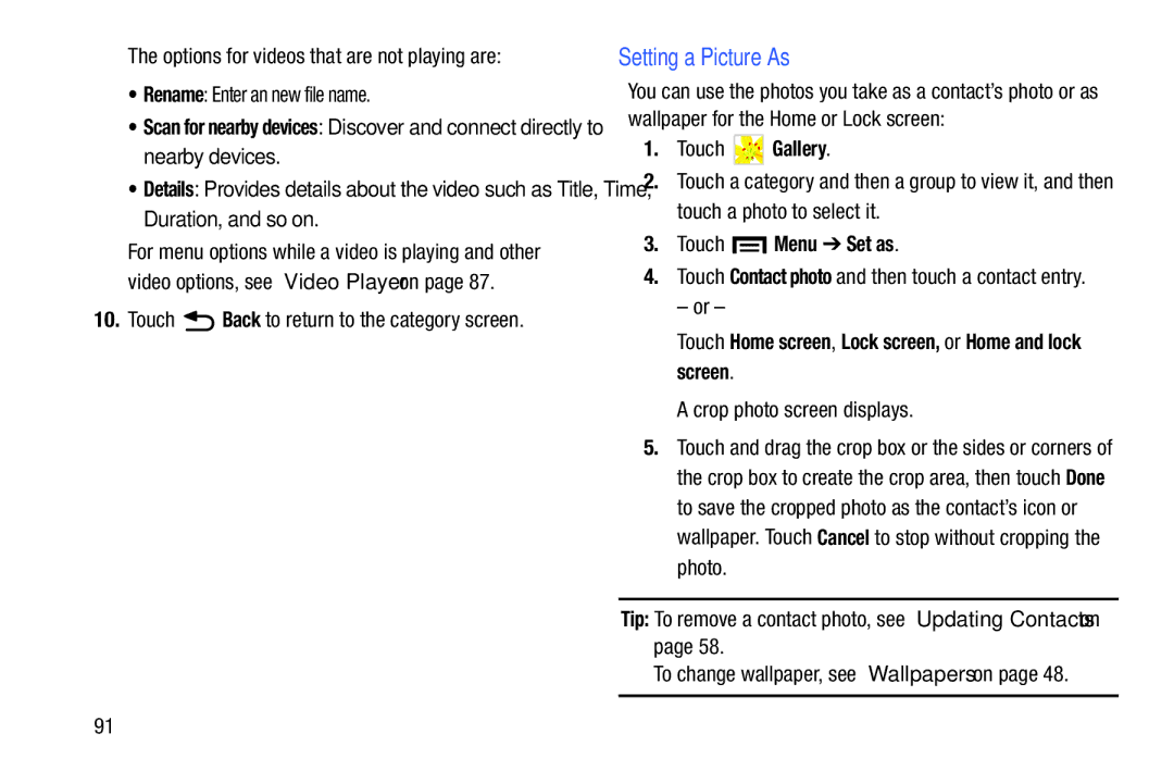 Samsung SM-T2105GYYXAR user manual Setting a Picture As, Touch Back to return to the category screen, Touch Menu Set as 