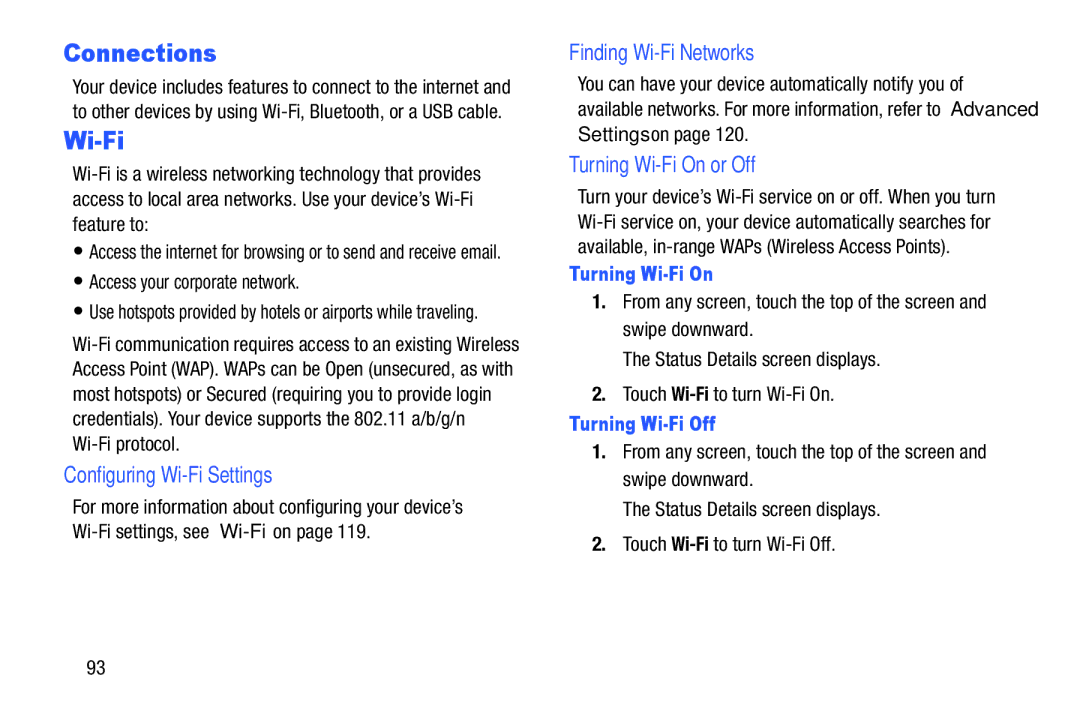 Samsung SM-T2105GYYXAR Connections, Configuring Wi-Fi Settings, Finding Wi-Fi Networks, Turning Wi-Fi On or Off 