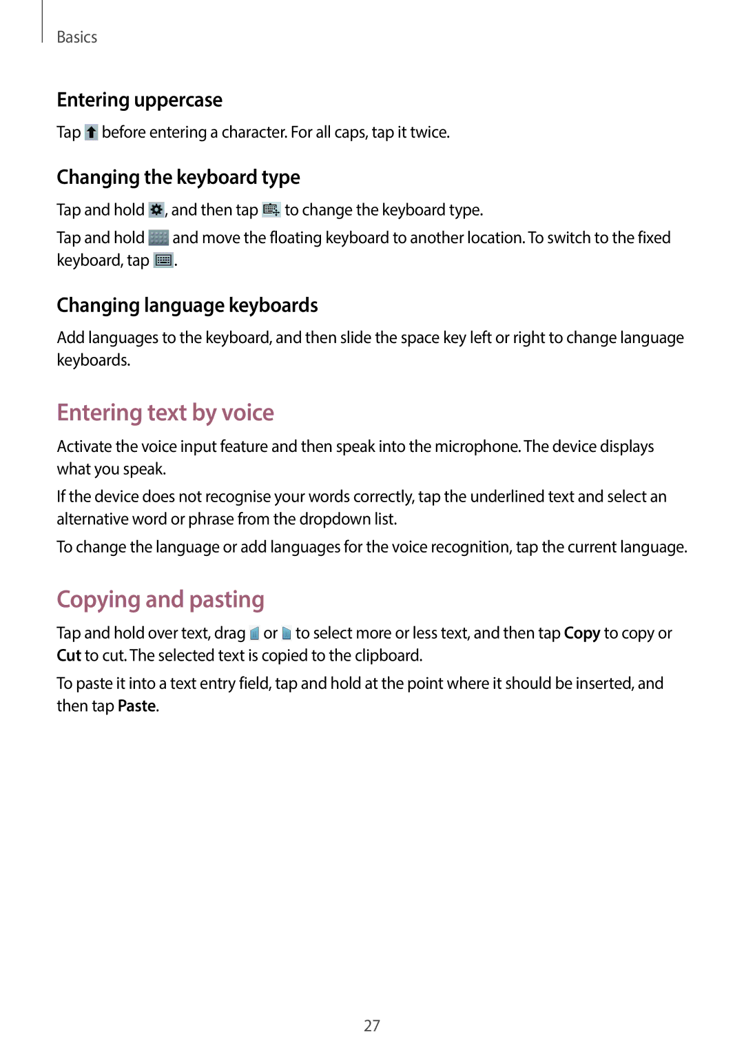 Samsung SM-T2105GYZTHR manual Entering text by voice, Copying and pasting, Entering uppercase, Changing the keyboard type 