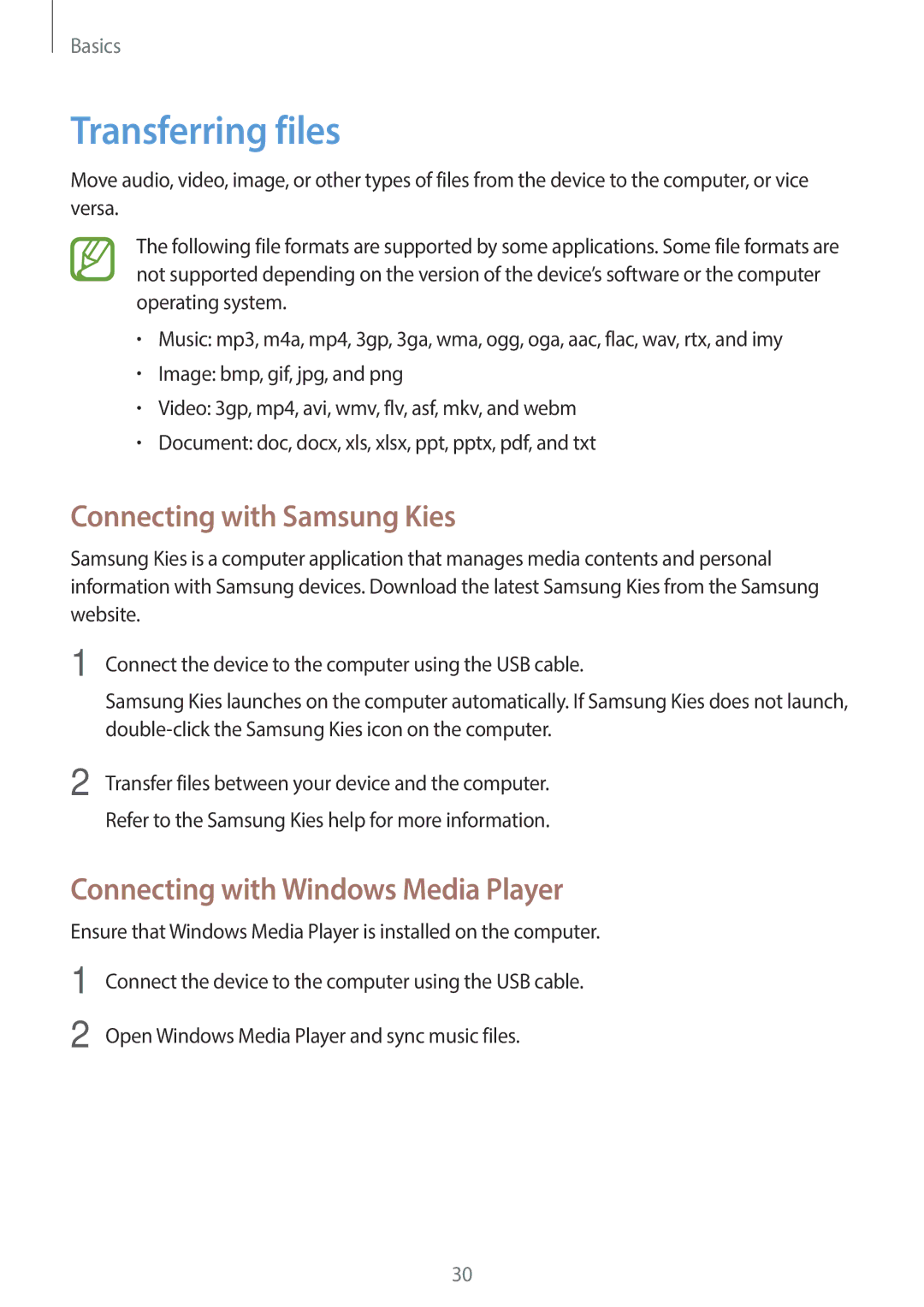 Samsung SM-T2105GYZEGY manual Transferring files, Connecting with Samsung Kies, Connecting with Windows Media Player 