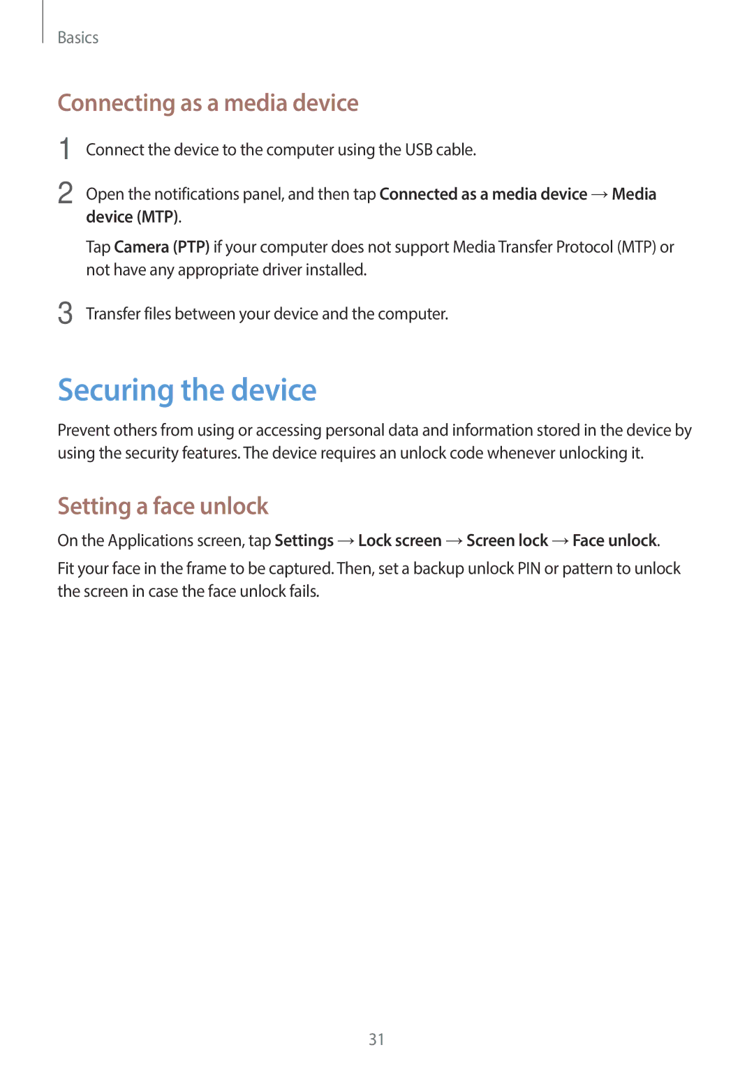 Samsung SM-T2105GYAECT manual Securing the device, Connecting as a media device, Setting a face unlock, Device MTP 