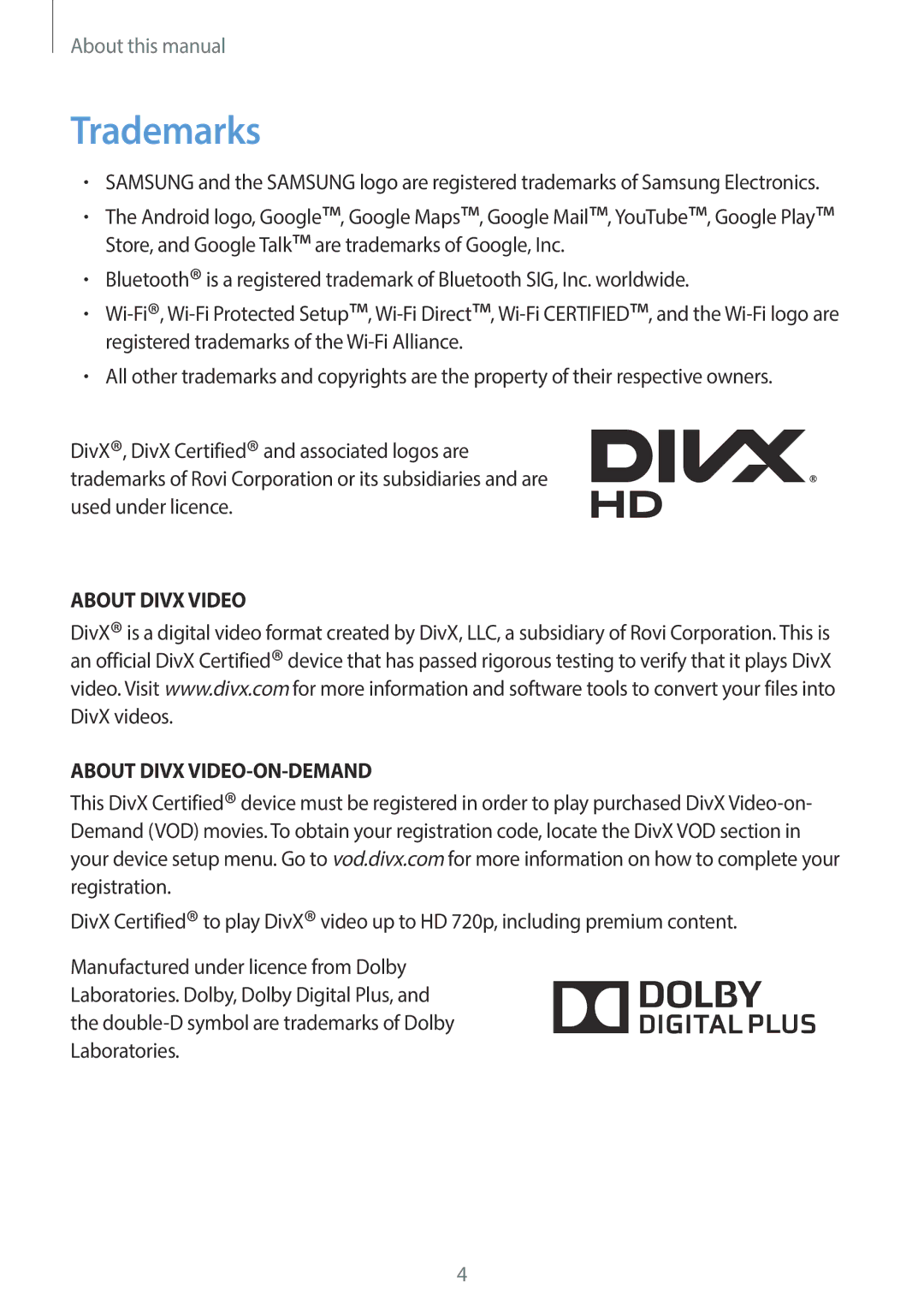 Samsung SM-T2105GYZTMC, SM-T2105GYZEGY, SM-T2105GYAECT manual Trademarks, About Divx Video About Divx VIDEO-ON-DEMAND 