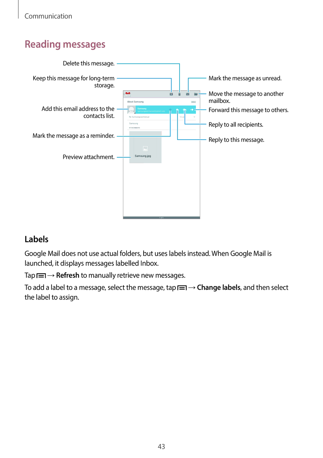 Samsung SM-T2105GYAECT, SM-T2105GYZEGY, SM-T2105GYZKSA, SM-T2105GYZTHR, SM-T2105GYZTMC manual Reading messages, Labels 