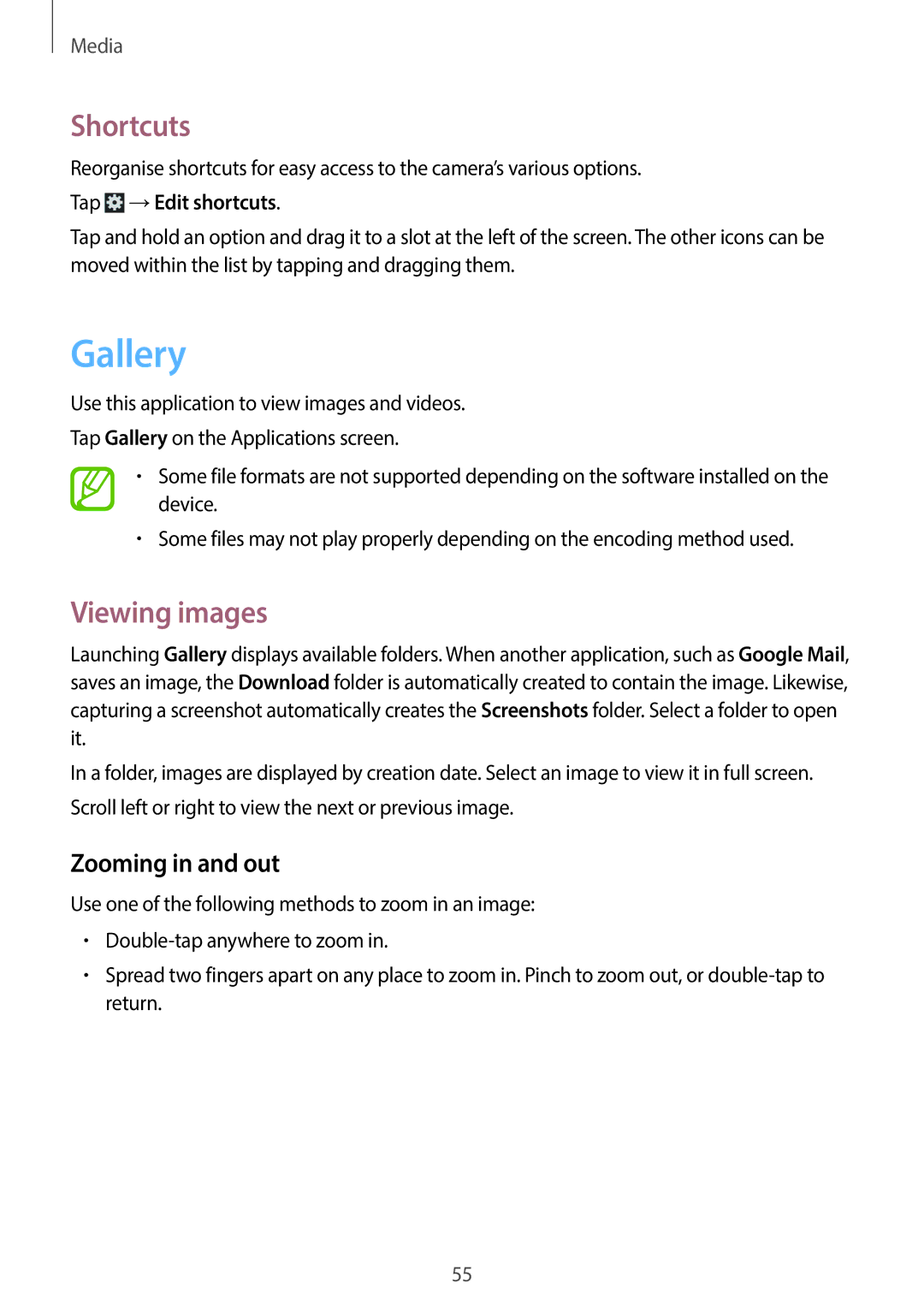 Samsung SM-T2105GYAECT, SM-T2105GYZEGY manual Gallery, Shortcuts, Viewing images, Zooming in and out, Tap →Edit shortcuts 