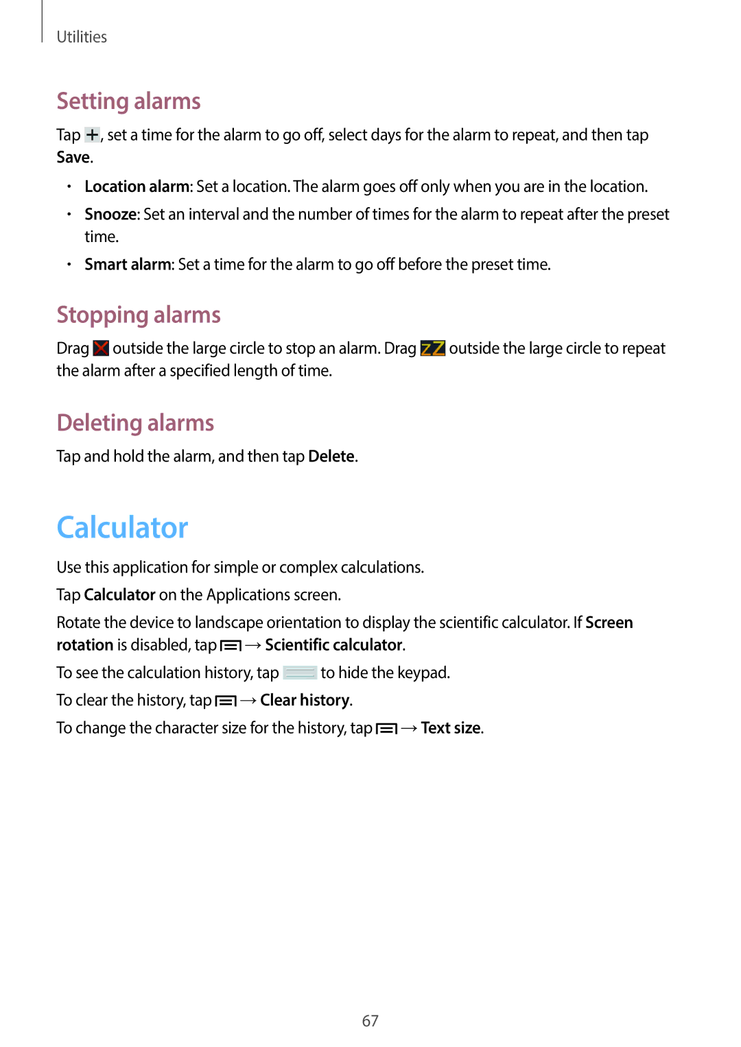 Samsung SM-T2105GYAECT, SM-T2105GYZEGY, SM-T2105GYZKSA manual Calculator, Setting alarms, Stopping alarms, Deleting alarms 