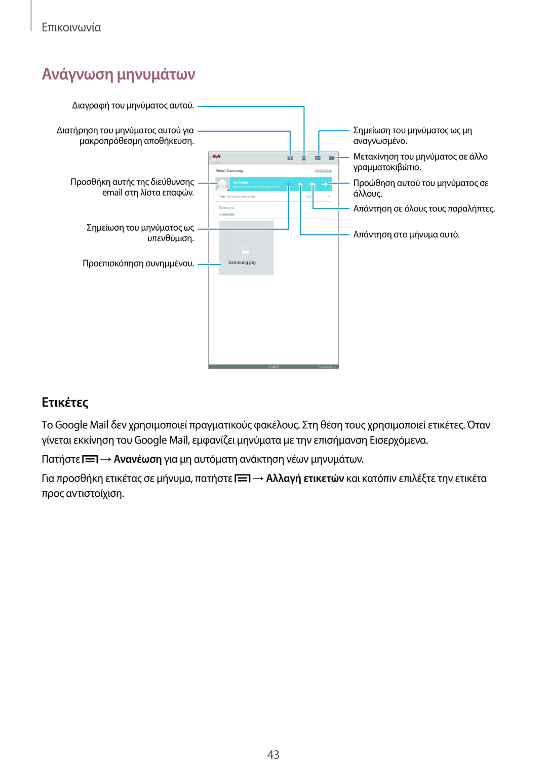 Samsung SM-T2105GYAEUR, SM-T2105GYZEUR manual Ανάγνωση μηνυμάτων, Ετικέτες 