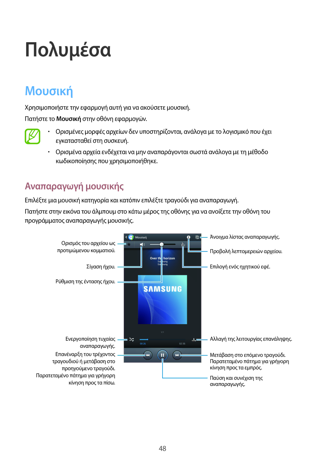 Samsung SM-T2105GYZEUR, SM-T2105GYAEUR manual Πολυμέσα, Μουσική, Αναπαραγωγή μουσικής 