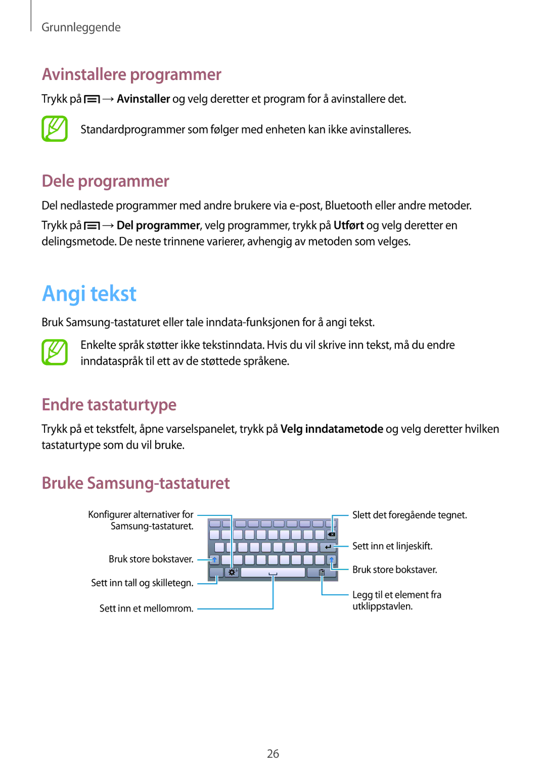 Samsung SM-T2105GYZNEE Angi tekst, Avinstallere programmer, Dele programmer, Endre tastaturtype, Bruke Samsung-tastaturet 