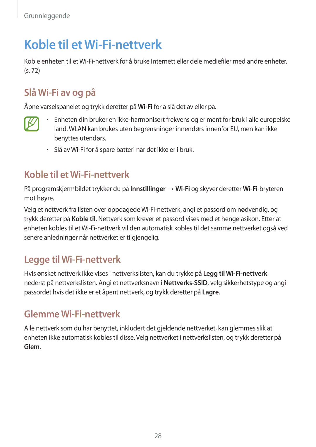 Samsung SM-T2105GYZNEE Koble til et Wi-Fi-nettverk, Slå Wi-Fi av og på, Legge til Wi-Fi-nettverk, Glemme Wi-Fi-nettverk 