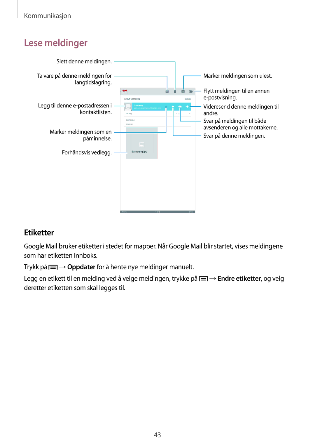 Samsung SM-T2105GYANEE, SM-T2105GYZNEE manual Lese meldinger, Etiketter 