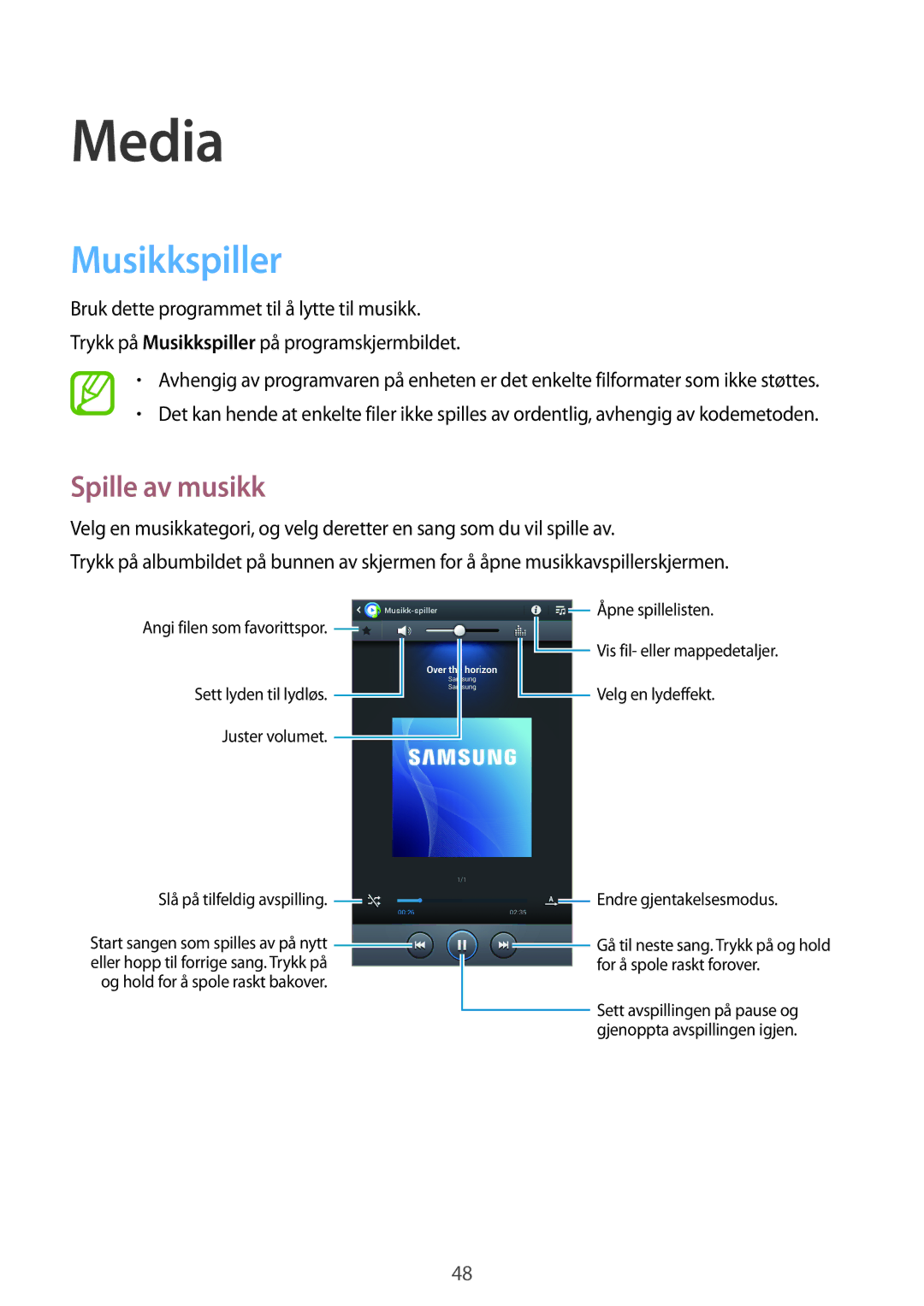 Samsung SM-T2105GYZNEE, SM-T2105GYANEE manual Media, Musikkspiller, Spille av musikk 