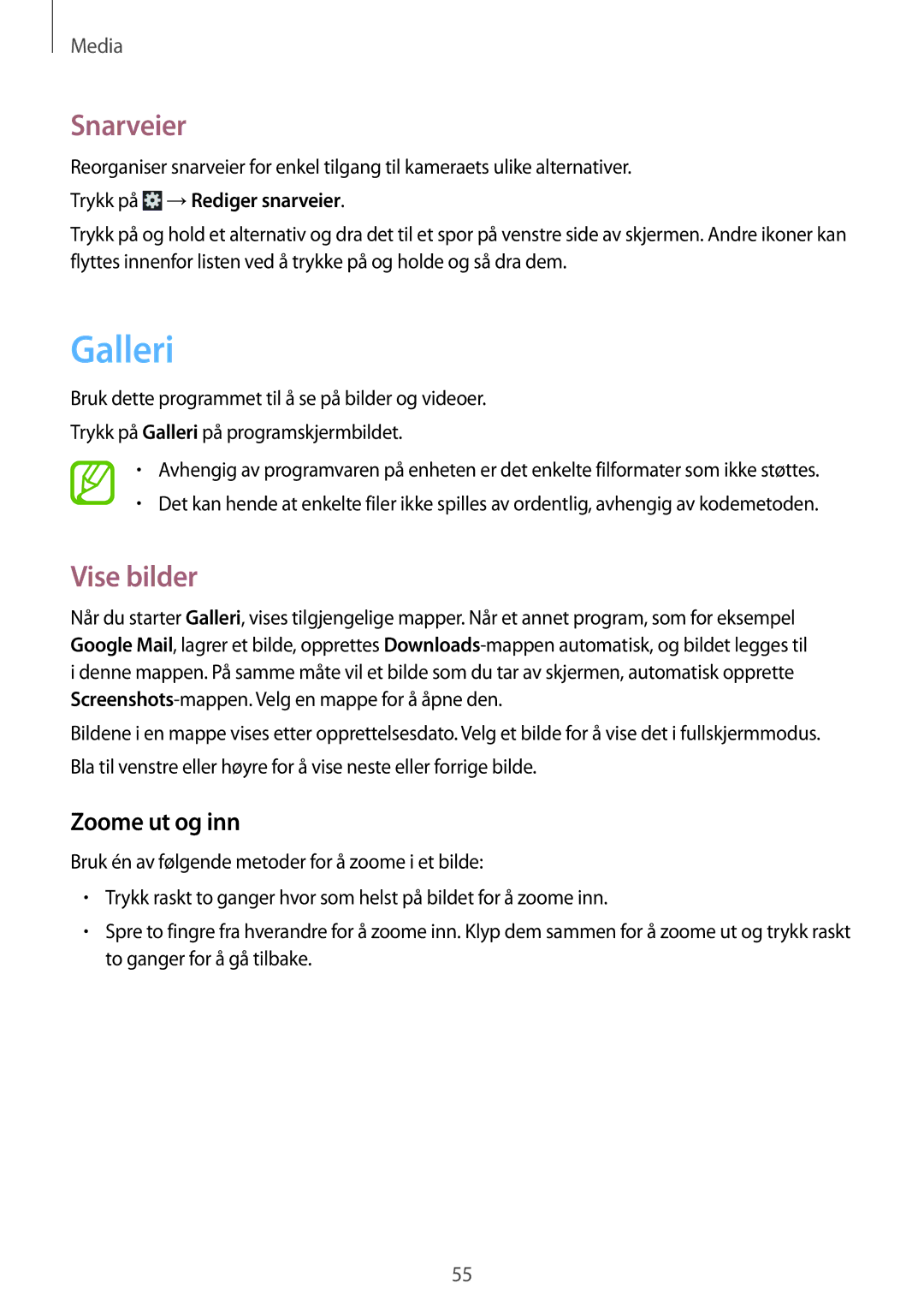 Samsung SM-T2105GYANEE, SM-T2105GYZNEE manual Galleri, Snarveier, Vise bilder, Zoome ut og inn, Trykk på →Rediger snarveier 