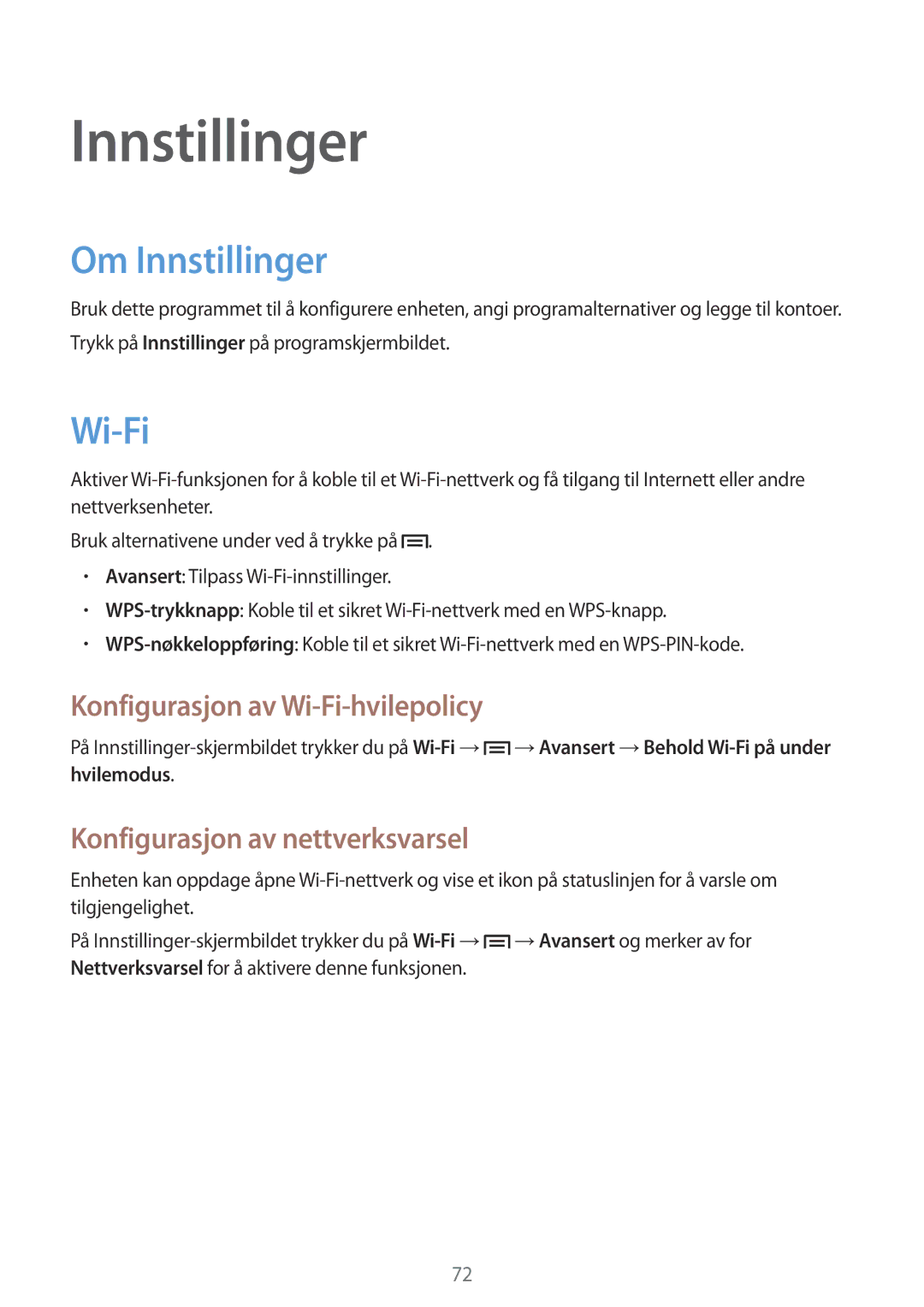 Samsung SM-T2105GYZNEE Om Innstillinger, Konfigurasjon av Wi-Fi-hvilepolicy, Konfigurasjon av nettverksvarsel 