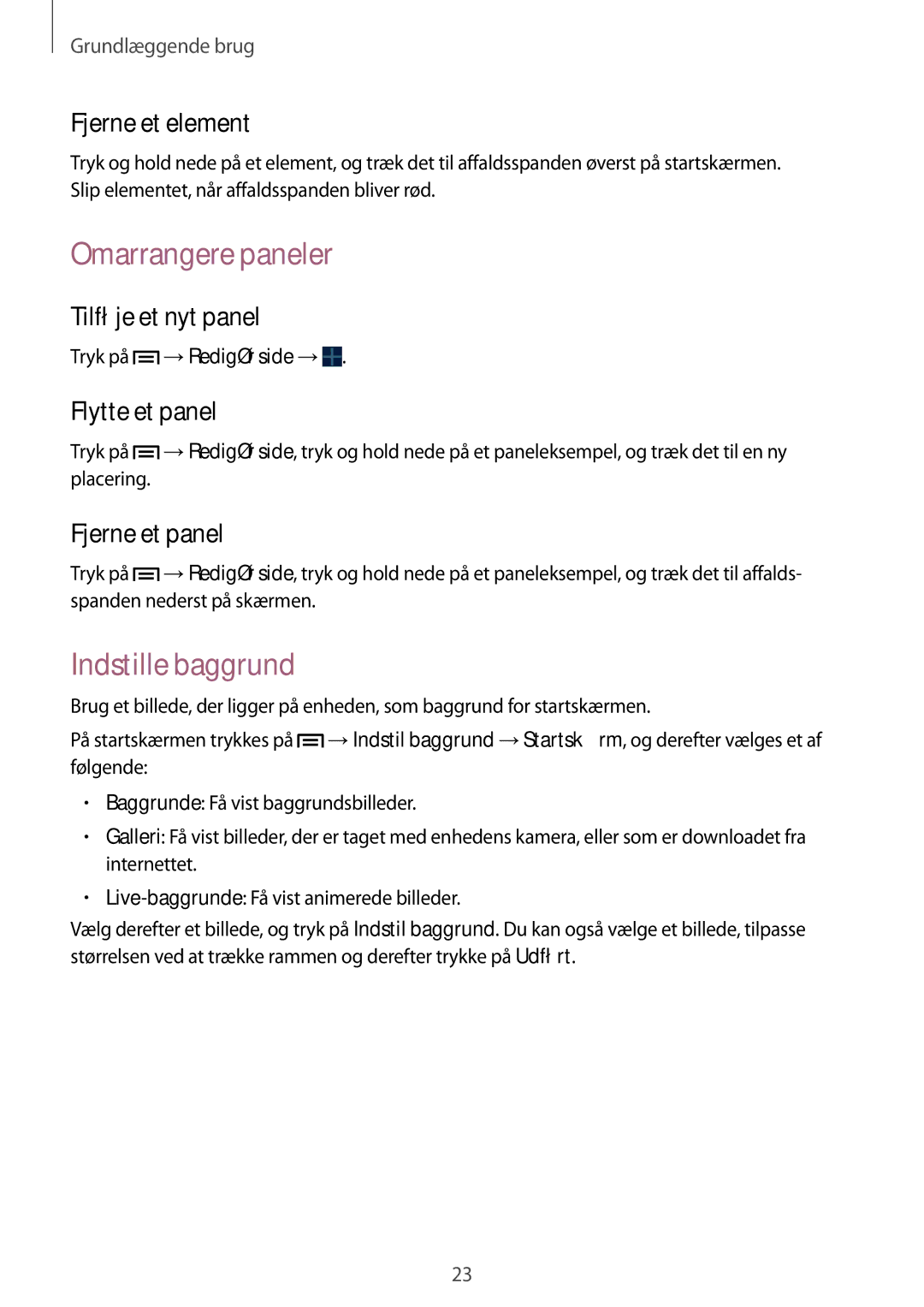 Samsung SM-T2105GYANEE, SM-T2105GYZNEE manual Omarrangere paneler, Indstille baggrund 