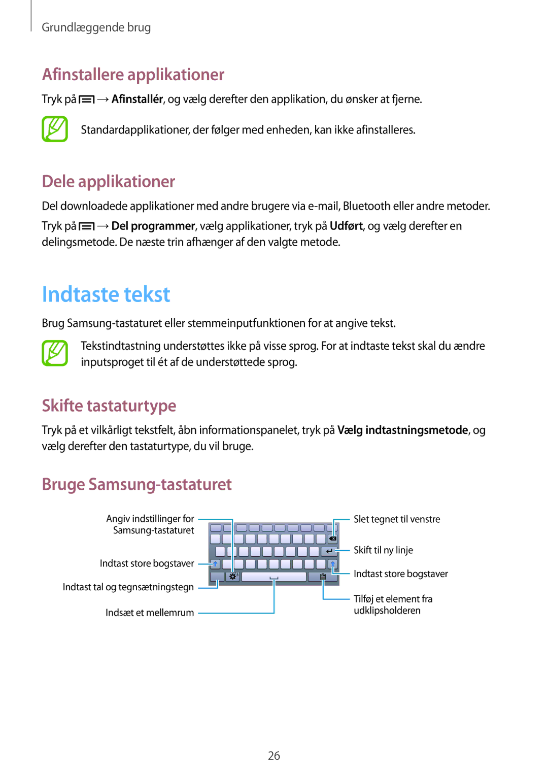 Samsung SM-T2105GYZNEE, SM-T2105GYANEE Indtaste tekst, Afinstallere applikationer, Dele applikationer, Skifte tastaturtype 