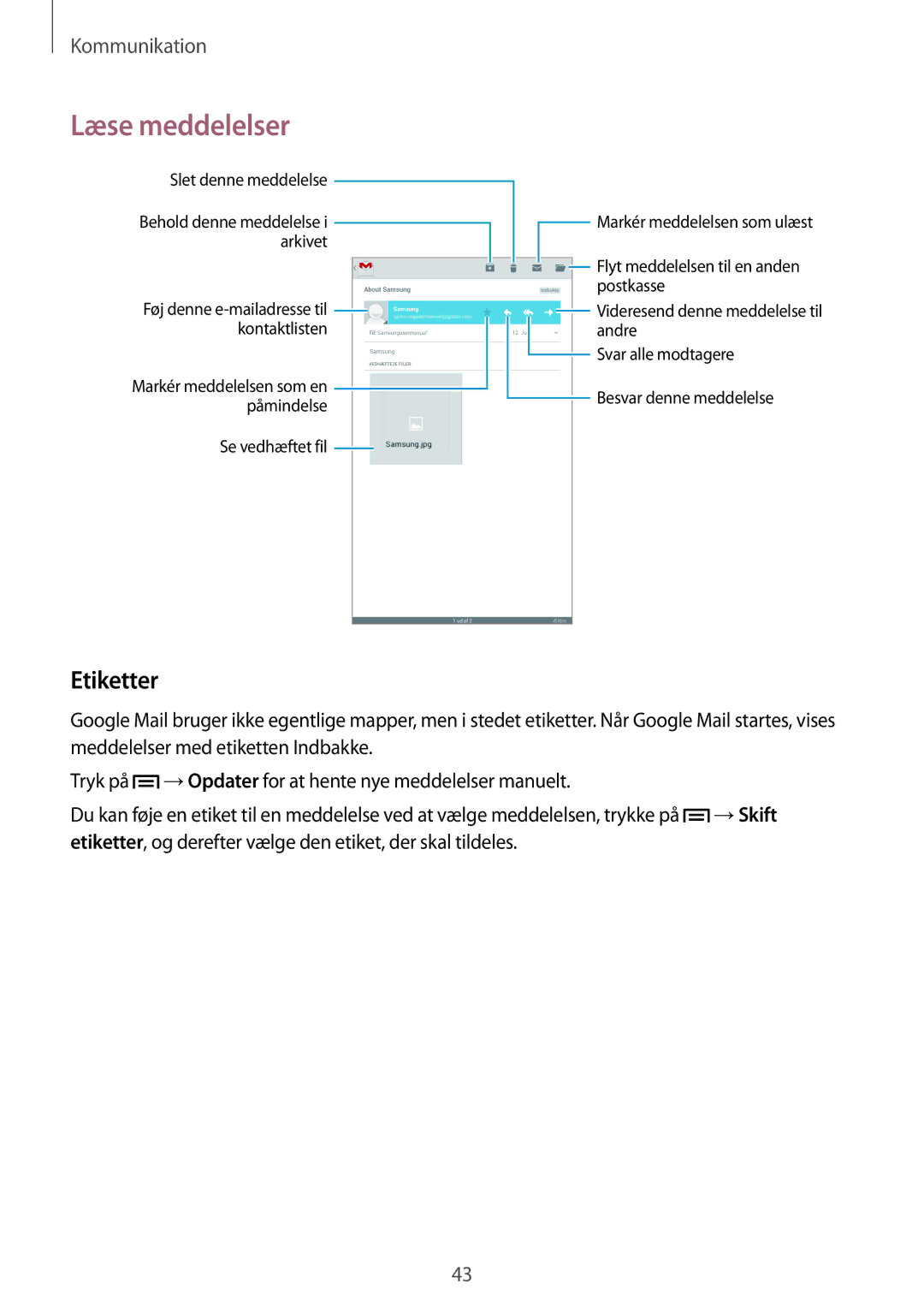 Samsung SM-T2105GYANEE, SM-T2105GYZNEE manual Læse meddelelser, Etiketter 