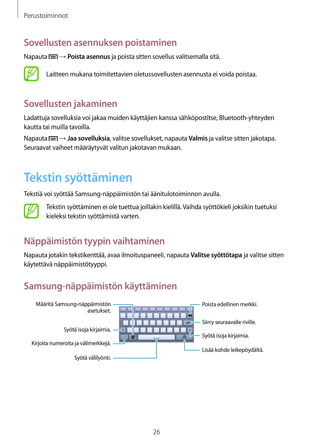 Samsung SM-T2105GYZNEE, SM-T2105GYANEE manual Tekstin syöttäminen, Sovellusten asennuksen poistaminen, Sovellusten jakaminen 