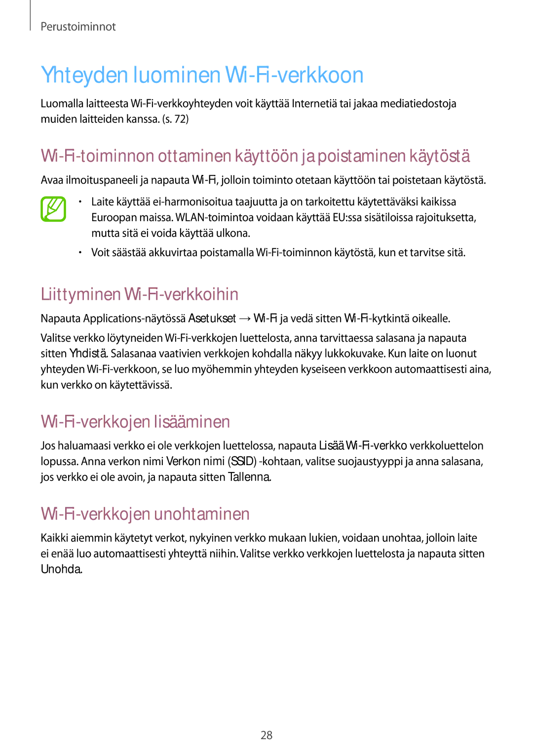 Samsung SM-T2105GYZNEE manual Yhteyden luominen Wi-Fi-verkkoon, Liittyminen Wi-Fi-verkkoihin, Wi-Fi-verkkojen lisääminen 