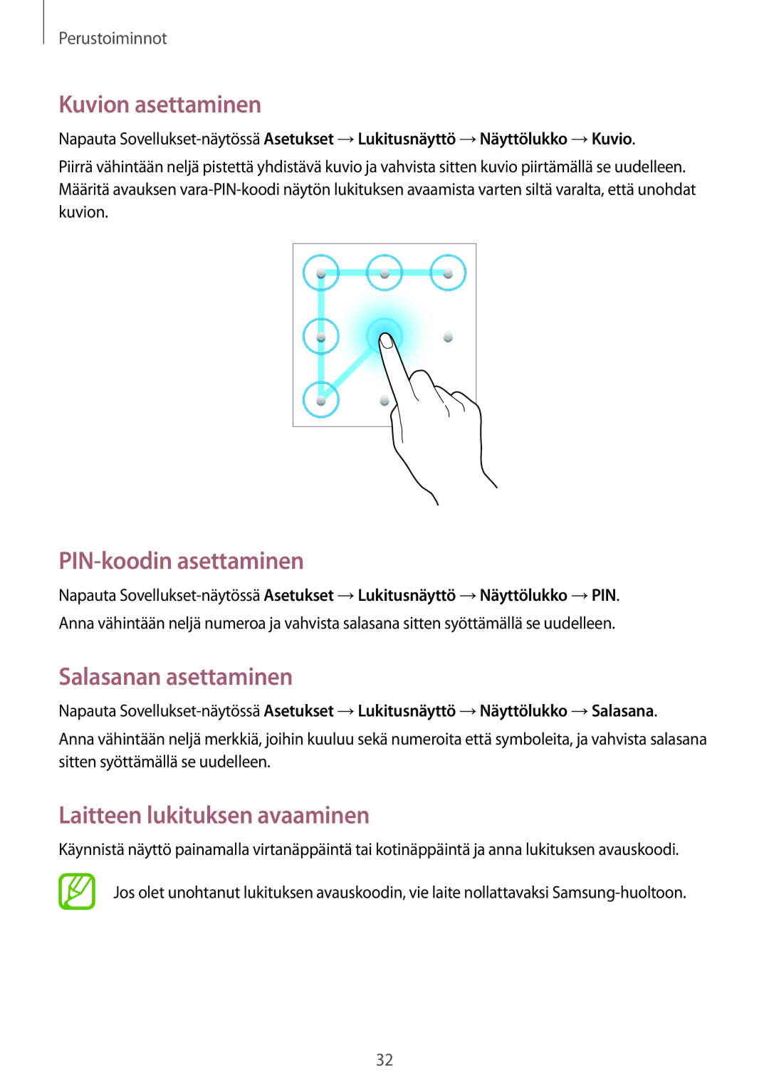 Samsung SM-T2105GYZNEE Kuvion asettaminen, PIN-koodin asettaminen, Salasanan asettaminen, Laitteen lukituksen avaaminen 