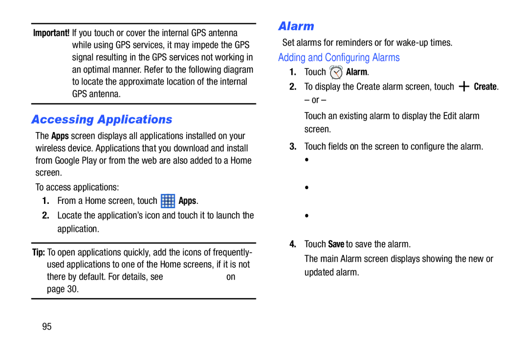 Samsung SM-T210RGNYXAR, SM T210RZWYXAR user manual Accessing Applications, Adding and Configuring Alarms, Touch Alarm 