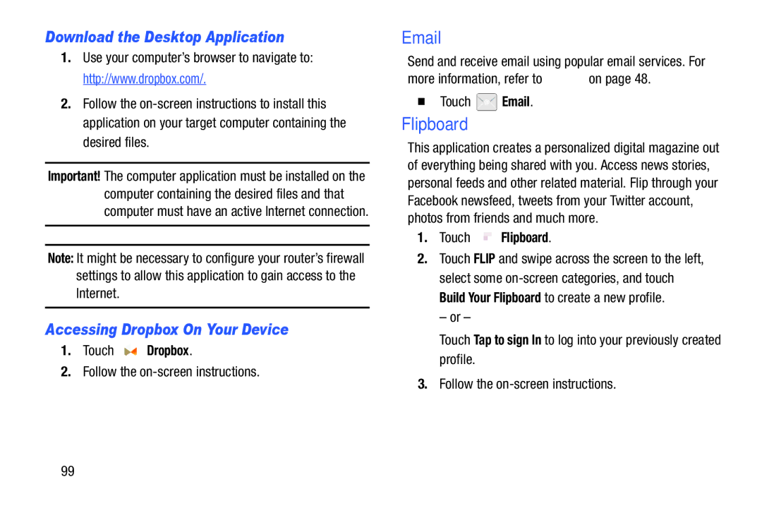 Samsung SMT210RGNYXAR Flipboard, Download the Desktop Application, Accessing Dropbox On Your Device, Touch Dropbox 