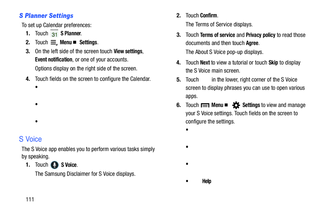 Samsung SM T210RZWYXAR, SM-T210RGNYXAR user manual Planner Settings, Touch S Planner Touch Menu Settings, Touch S Voice 