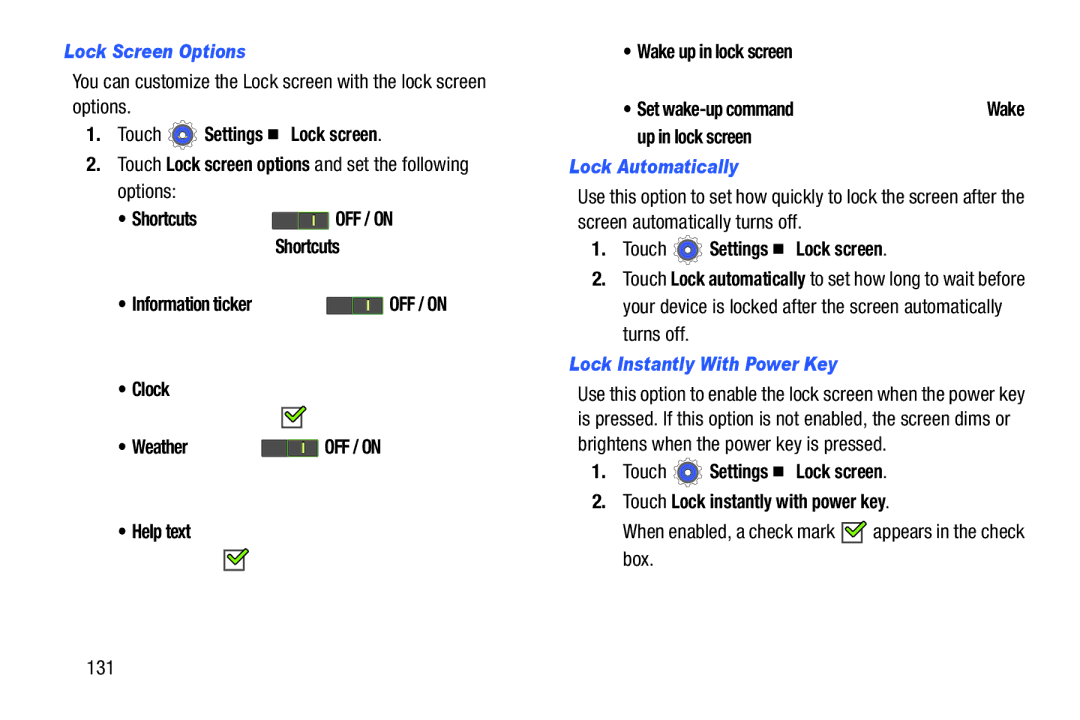 Samsung SM T210RZWYXAR, SM-T210RGNYXAR Lock Screen Options, Check mark appears in the check box, Lock Automatically 