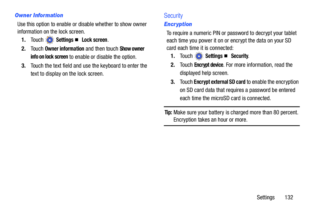 Samsung SM-T210RGNYXAR, SM T210RZWYXAR, SMT210RZWYXAR Owner Information, Encryption, Touch Settings Security 