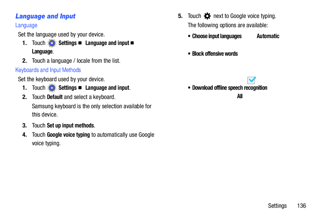 Samsung SM T210RZWYXAR Language and Input, Touch Settings Language and input Language, Keyboards and Input Methods 