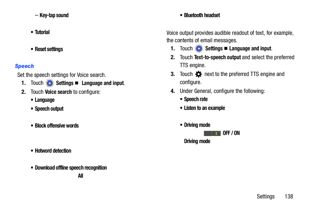 Samsung SMT210RZWYXAR, SM-T210RGNYXAR Speech, Set the speech settings for Voice search, Touch Voice search to configure 