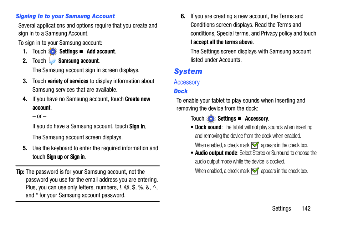 Samsung SM-T210RGNYXAR, SM T210RZWYXAR, SMT210RZWYXAR System, Accessory, Signing In to your Samsung Account, Dock 