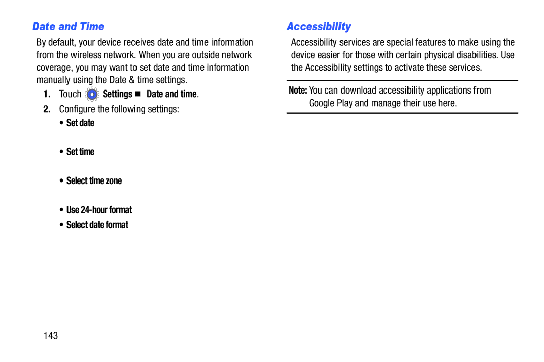 Samsung SMT210RZWYXAR Date and Time, Accessibility, Touch Settings Date and time, Configure the following settings, 143 
