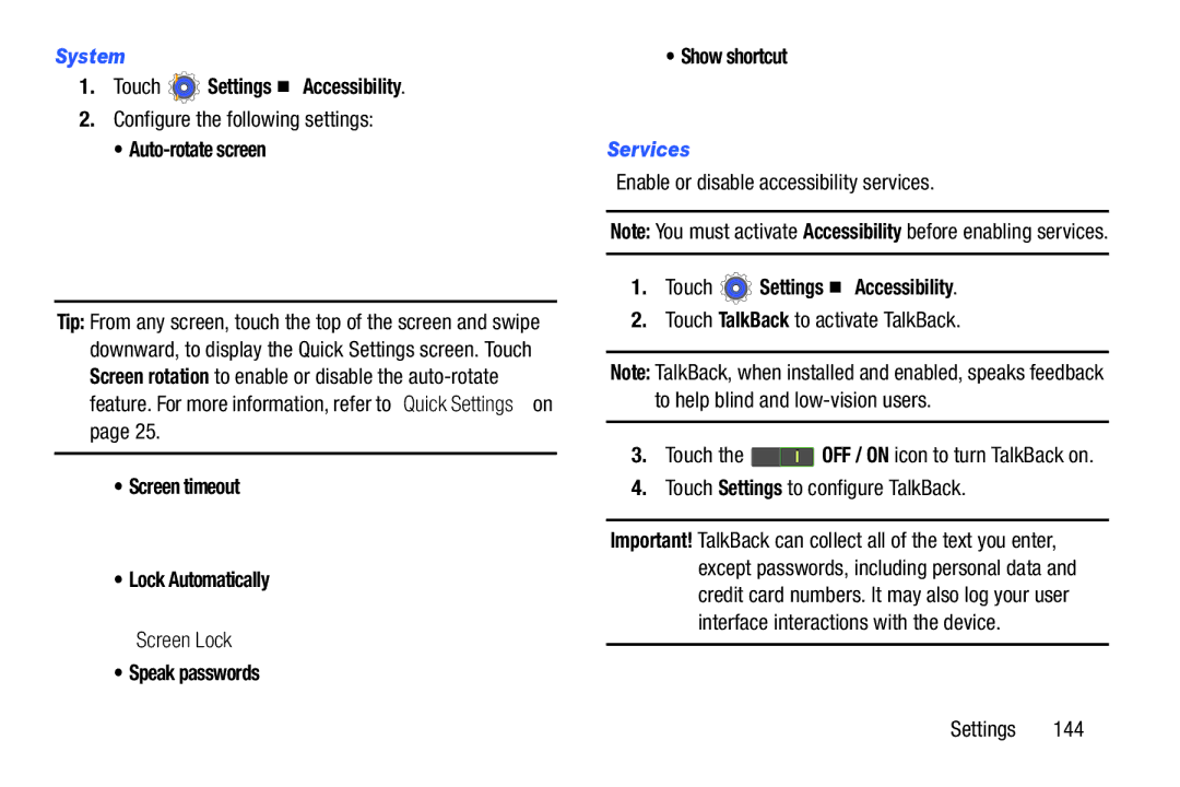 Samsung SMT210RGNYXAR, SM-T210RGNYXAR Touch Settings Accessibility, Services, Enable or disable accessibility services 