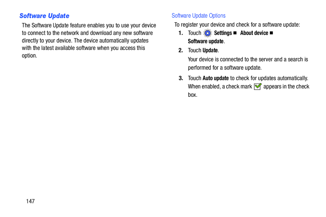 Samsung SM T210R, SM-T210RGNYXAR Software Update Options, Touch Settings About device Software update, Touch Update 