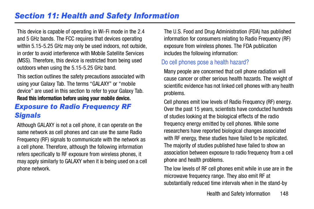 Samsung SMT210RZWYXAR, SM-T210RGNYXAR, SM T210R Health and Safety Information, Exposure to Radio Frequency RF Signals, 148 