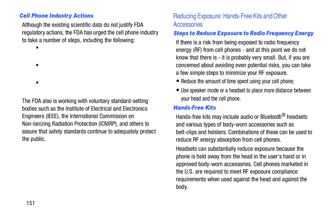 Samsung SM T210RZWYXAR Reducing Exposure Hands-Free Kits and Other Accessories, Cell Phone Industry Actions, 151 