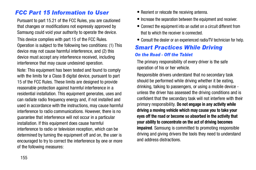 Samsung SM-T210RGNYXAR FCC Part 15 Information to User, Smart Practices While Driving, On the Road Off the Tablet, 155 