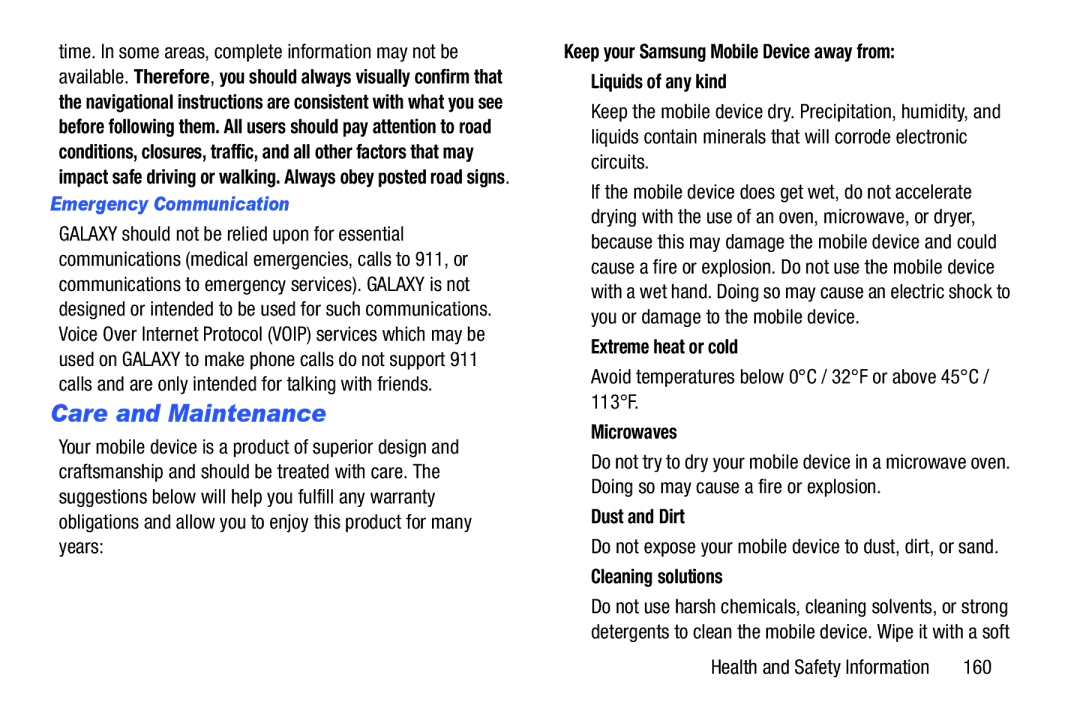 Samsung SM-T210RGNYXAR, SM T210RZWYXAR, SMT210RZWYXAR, SMT210RGNYXAR user manual Care and Maintenance, Emergency Communication 