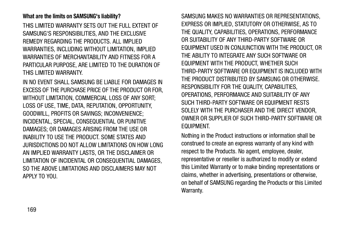 Samsung SMT210RGNYXAR, SM-T210RGNYXAR, SM T210RZWYXAR, SMT210RZWYXAR What are the limits on SAMSUNGs liability?, 169 