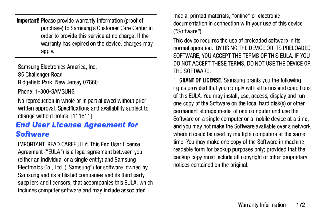 Samsung SM T210R user manual End User License Agreement for Software, Samsung Electronics America, Inc Challenger Road, 172 