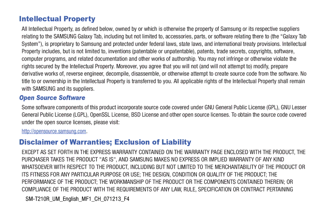 Samsung SM T210R user manual Intellectual Property, Disclaimer of Warranties Exclusion of Liability, Open Source Software 