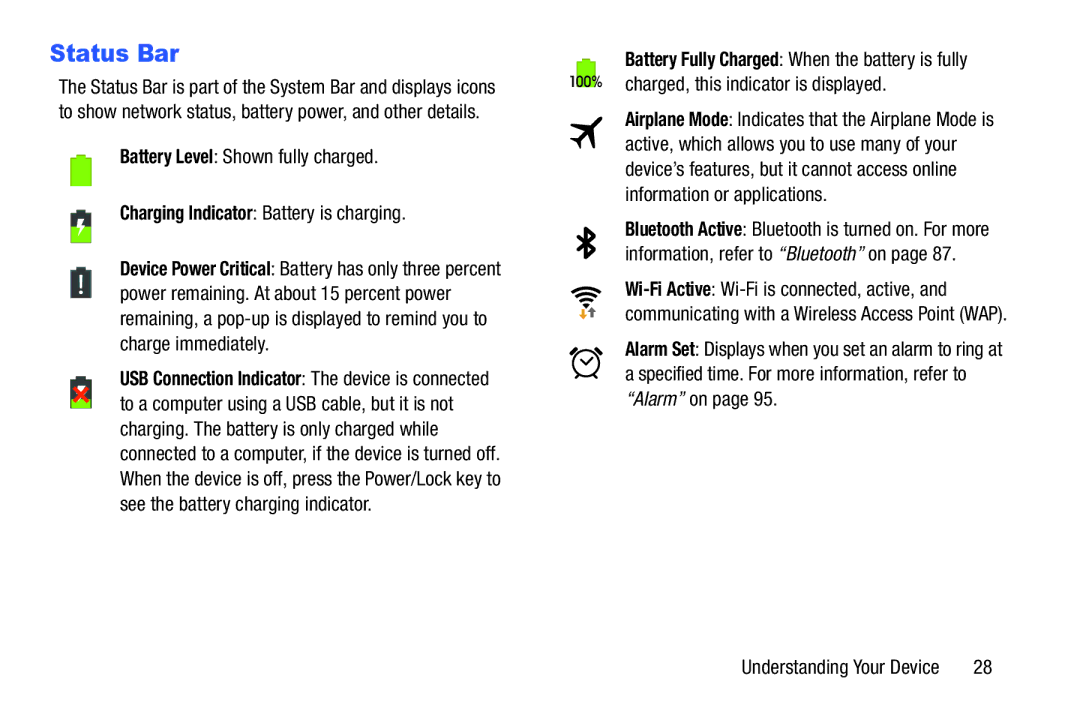 Samsung SMT210RZWYXAR, SM-T210RGNYXAR, SM T210RZWYXAR, SMT210RGNYXAR user manual Status Bar 