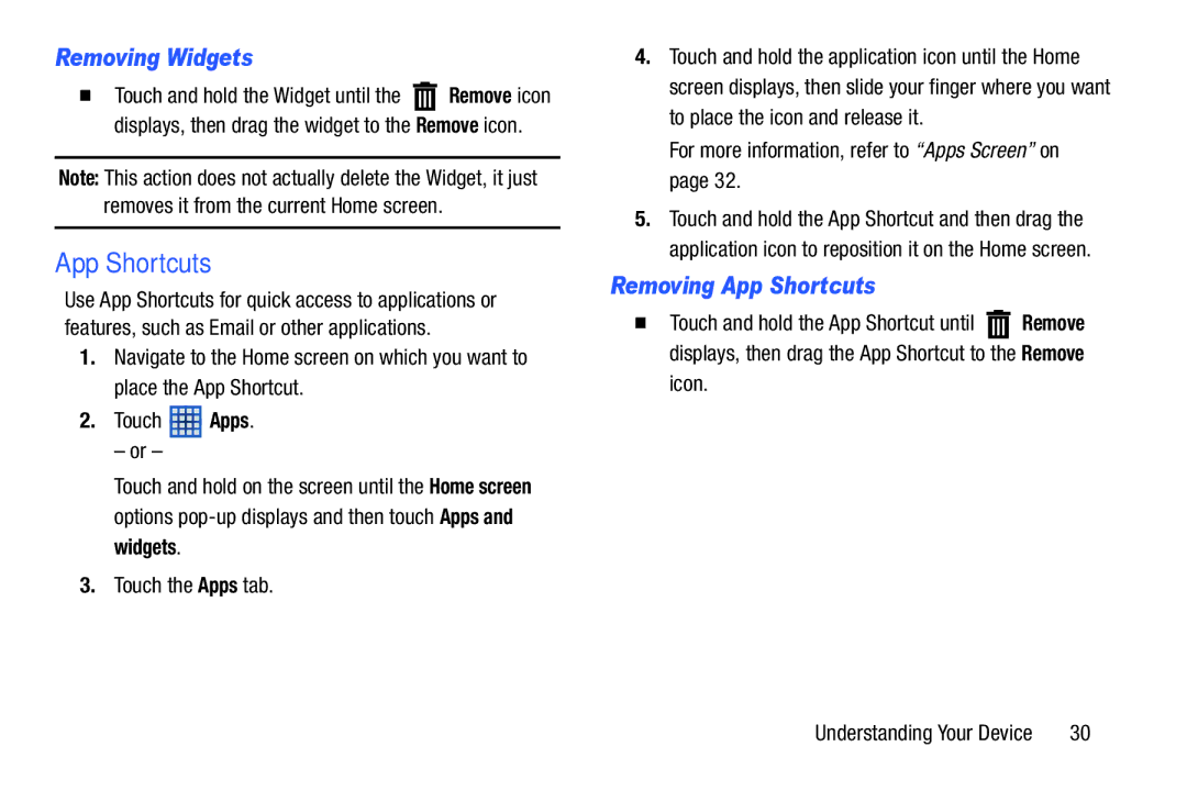 Samsung SM-T210RGNYXAR, SM T210RZWYXAR, SMT210RZWYXAR, SMT210RGNYXAR user manual Removing Widgets, Removing App Shortcuts 