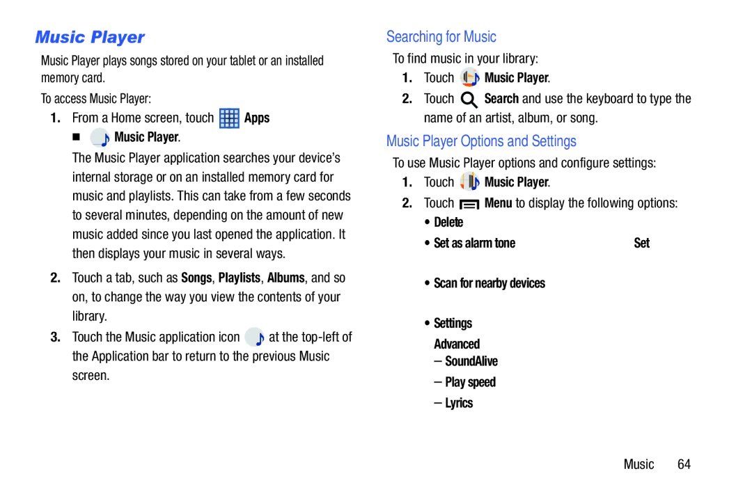 Samsung SMT210RGNYXAR, SM-T210RGNYXAR, SM T210RZWYXAR user manual Searching for Music, Music Player Options and Settings 