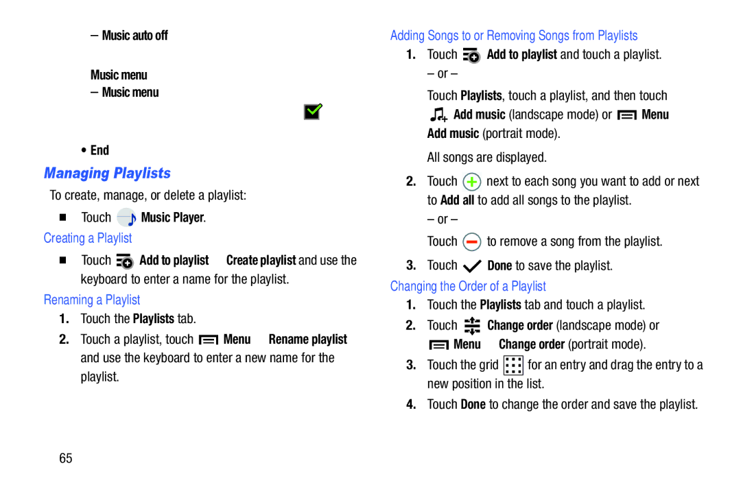 Samsung SM-T210RGNYXAR Managing Playlists, Creating a Playlist, Renaming a Playlist, Changing the Order of a Playlist 