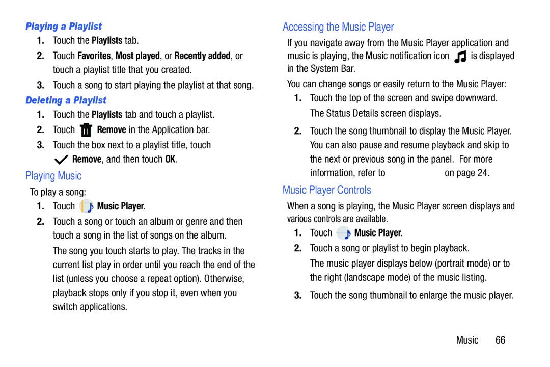 Samsung SM T210RZWYXAR Accessing the Music Player, Music Player Controls, Playing a Playlist, Deleting a Playlist 