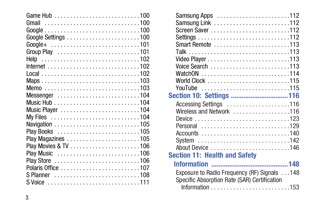 Samsung SMT210RZWYXAR, SM-T210RGNYXAR, SM T210RZWYXAR, SMT210RGNYXAR user manual Health and Safety, 116, 148 